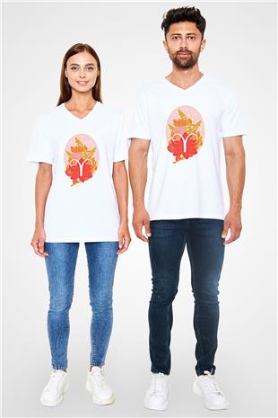 Koç Burcu Baskılı Beyaz Unisex V Yaka Tişört - Tshirt