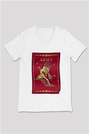 Koç Burcu Baskılı Beyaz Unisex V Yaka Tişört - Tshirt