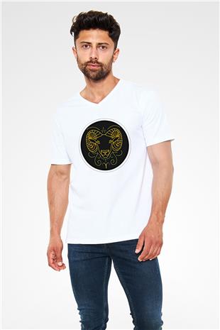 Koç Burcu Baskılı Beyaz Unisex V Yaka Tişört - Tshirt