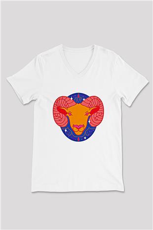 Koç Burcu Baskılı Beyaz Unisex V Yaka Tişört - Tshirt