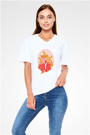 Koç Burcu Baskılı Beyaz Unisex V Yaka Tişört - Tshirt