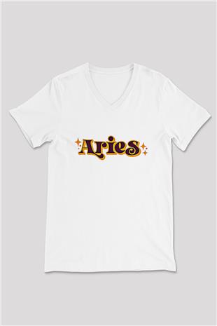 Koç Burcu Baskılı Beyaz Unisex V Yaka Tişört - Tshirt