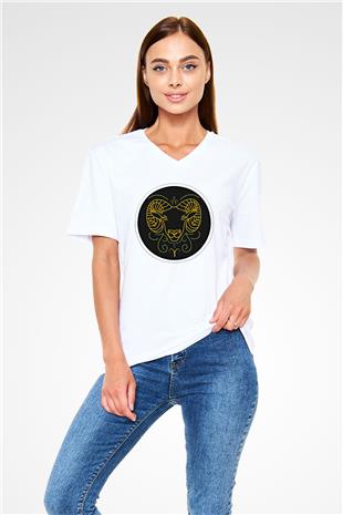 Koç Burcu Baskılı Beyaz Unisex V Yaka Tişört - Tshirt