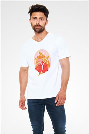 Koç Burcu Baskılı Beyaz Unisex V Yaka Tişört - Tshirt
