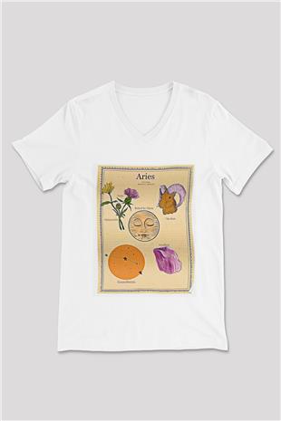 Koç Burcu Baskılı Beyaz Unisex V Yaka Tişört - Tshirt