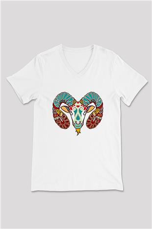 Koç Burcu Baskılı Beyaz Unisex V Yaka Tişört - Tshirt