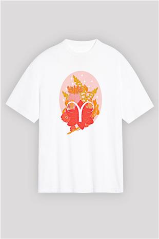 Koç Burcu Baskılı Unisex Siyah Oversize Tişört - Tshirt