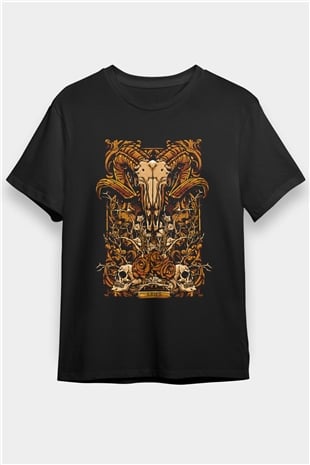 Koç Burcu Baskılı Unisex Siyah Tişört - Tshirt