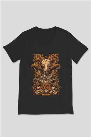 Koç Burcu Baskılı Unisex Siyah V Yaka Tişört - Tshirt