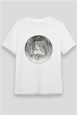 Koç Burcu Unisex Baskılı Beyaz Tişört - Tshirt