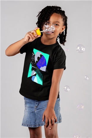 Kolaj Baskılı Siyah Unisex Çocuk Tişört