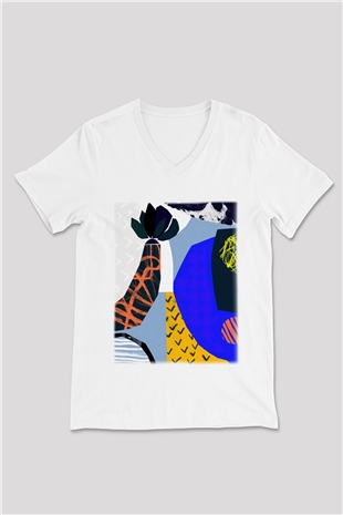 Kolaj Beyaz Unisex V Yaka Tişört T-Shirt