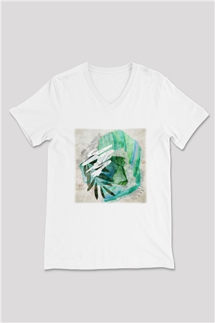 Kolaj Beyaz Unisex V Yaka Tişört T-Shirt