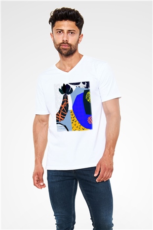 Kolaj Beyaz Unisex V Yaka Tişört T-Shirt