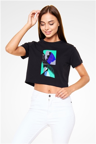 Kolaj Siyah Crop Top Tişört