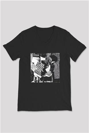 Kolaj Siyah Unisex V Yaka Tişört