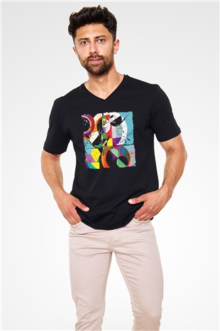 Kolaj Siyah Unisex V Yaka Tişört