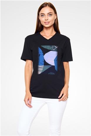 Kolaj Siyah Unisex V Yaka Tişört T-Shirt