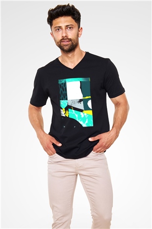 Kolaj Siyah Unisex V Yaka Tişört T-Shirt