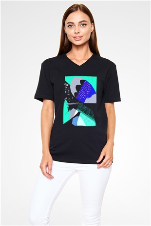 Kolaj Siyah Unisex V Yaka Tişört T-Shirt