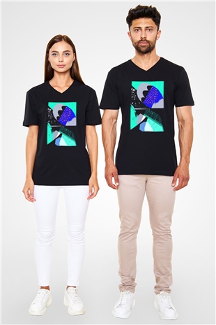 Kolaj Siyah Unisex V Yaka Tişört T-Shirt