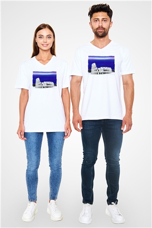 Kolezyum Beyaz Unisex V Yaka Tişört