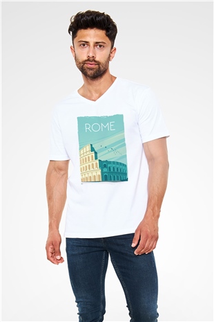 Kolezyum Beyaz Unisex V Yaka Tişört
