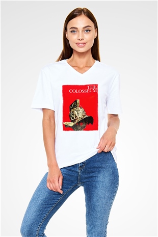 Kolezyum Beyaz Unisex V Yaka Tişört T-Shirt
