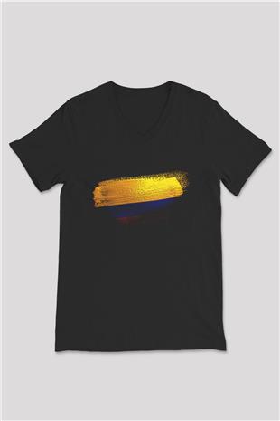 Kolombiya - Colombia Bayrağı Baskılı Unisex Siyah V Yaka Tişört