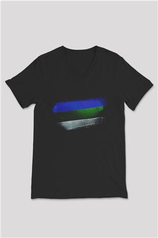Komi Cumhuriyeti - Komi Republic Bayrağı Baskılı Unisex Siyah V Yaka Tişört