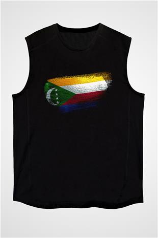 Komorlar - Comoros Bayrağı Baskılı Unisex Siyah Kolsuz Tişört