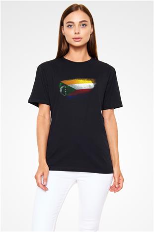 Komorlar - Comoros Bayrağı Baskılı Unisex Siyah Tişört