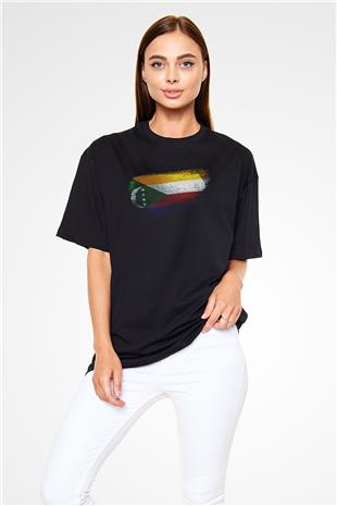 Komorlar - Comoros Bayrağı Baskılı Unisex Siyah Oversize Tişört