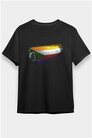 Komorlar - Comoros Bayrağı Baskılı Unisex Siyah Tişört