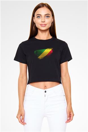 Kongo - Republic Congo Bayrağı Baskılı Kadın Crop Top Siyah Tişört