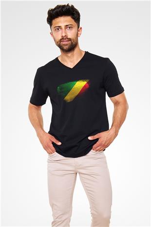 Kongo - Republic Congo Bayrağı Baskılı Unisex Siyah V Yaka Tişört
