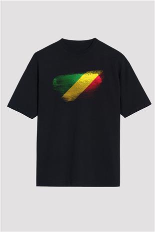 Kongo - Republic Congo Bayrağı Baskılı Unisex Siyah Oversize Tişört