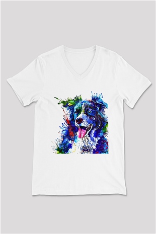 Köpek Beyaz Unisex V Yaka Tişört T-Shirt