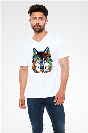 Köpek Beyaz Unisex V Yaka Tişört T-Shirt