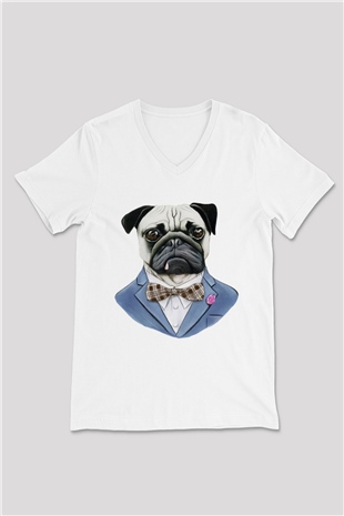 Köpek Beyaz Unisex V Yaka Tişört T-Shirt