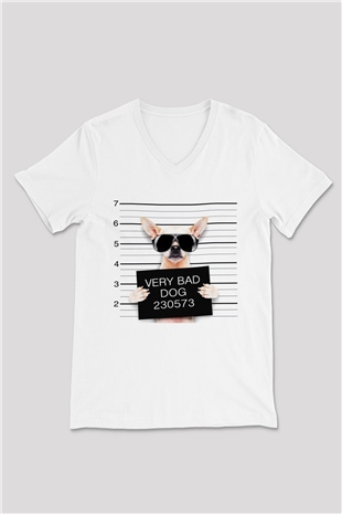 Köpek Beyaz Unisex V Yaka Tişört T-Shirt