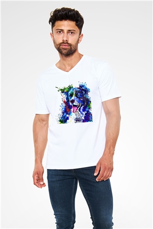 Köpek Beyaz Unisex V Yaka Tişört T-Shirt