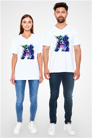 Köpek Beyaz Unisex V Yaka Tişört T-Shirt