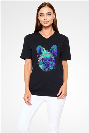 Köpek Siyah Unisex V Yaka Tişört