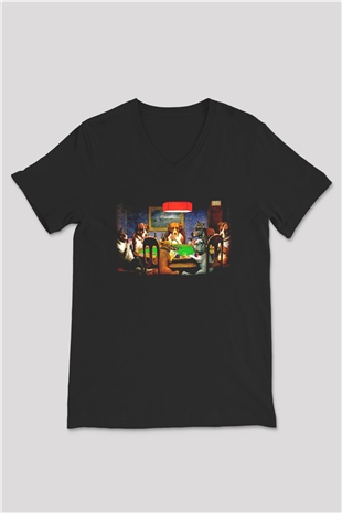 Köpek Siyah Unisex V Yaka Tişört T-Shirt