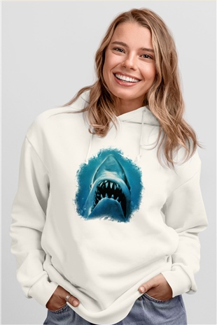 Köpekbalığı Beyaz Unisex Kapşonlu Sweatshirt