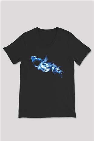 Köpekbalığı Siyah Unisex V Yaka Tişört T-Shirt