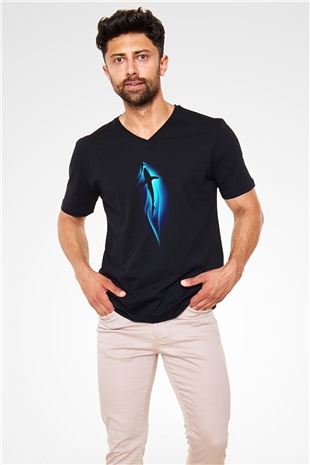 Köpekbalığı Siyah Unisex V Yaka Tişört T-Shirt