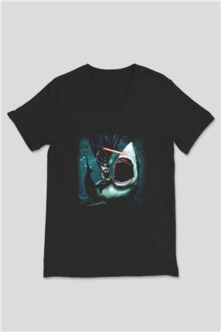 Köpekbalığı Siyah Unisex V Yaka Tişört T-Shirt