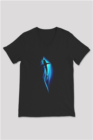 Köpekbalığı Siyah Unisex V Yaka Tişört T-Shirt